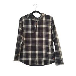 LL Bean Flannel Shirt Womens M Green Scotch Plaid Relaxed Fit Zip Hoodie Pockets